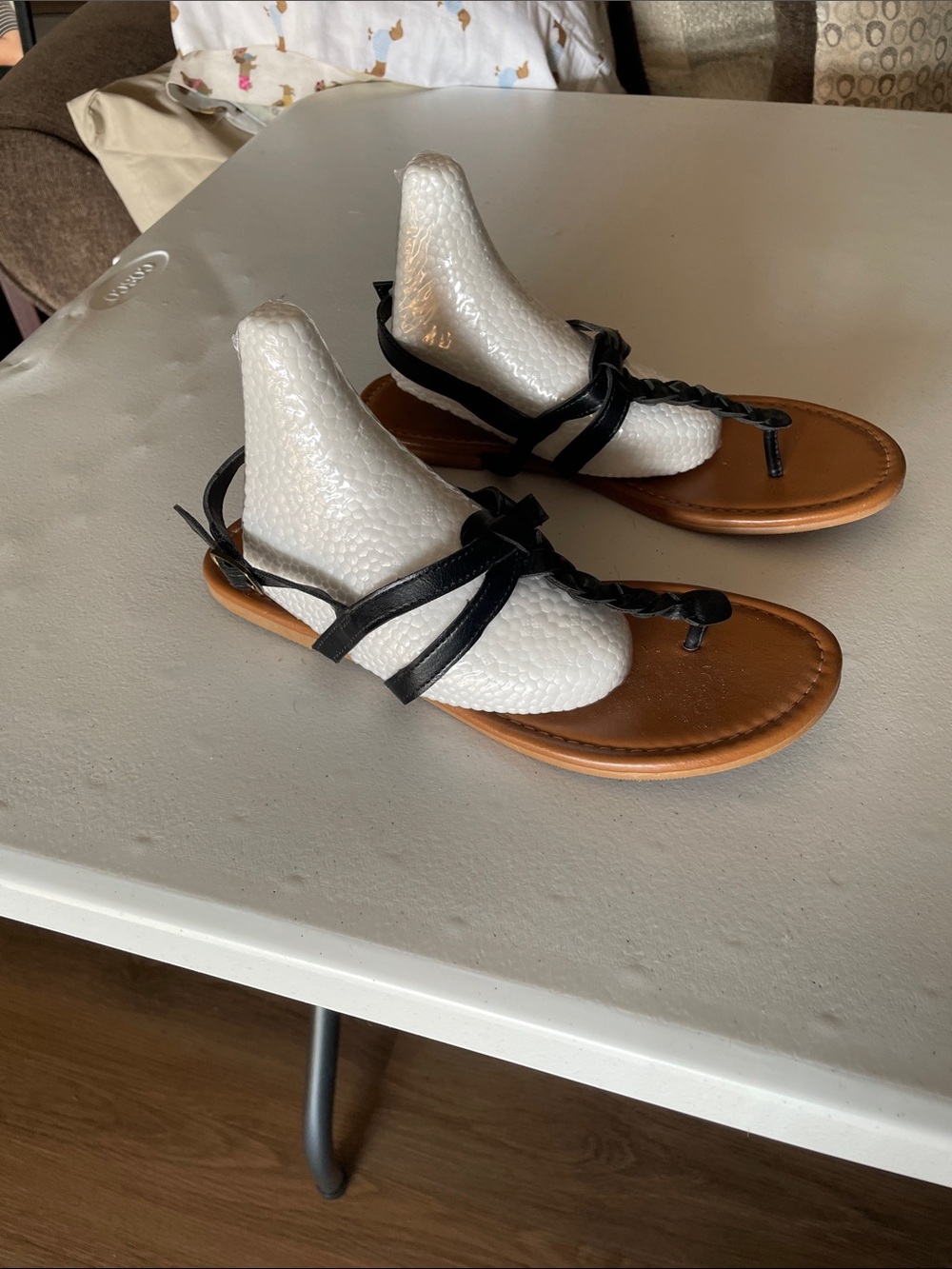 Arizona Jean Company Black Braided Thong Sandals with Tan Footbed